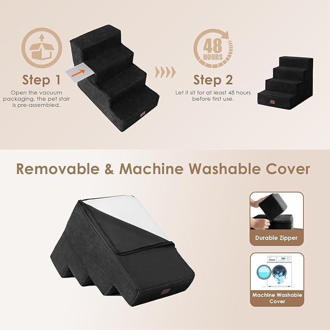 EHEYCIGA Dog Stairs for Bed 18”H, 4-Step Dog Steps for High Bed, Pet Steps for Small Dogs and Cats, Non-Slip Balanced Dog Indoor Ramp, Black