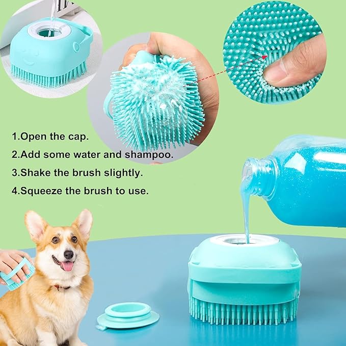 Dropshipping Soft Safe Silicone Pet Bathroom Massage Cleaning Grooming Tools Dog Cat Bath Brush with Shampoo Box (Blue), Small