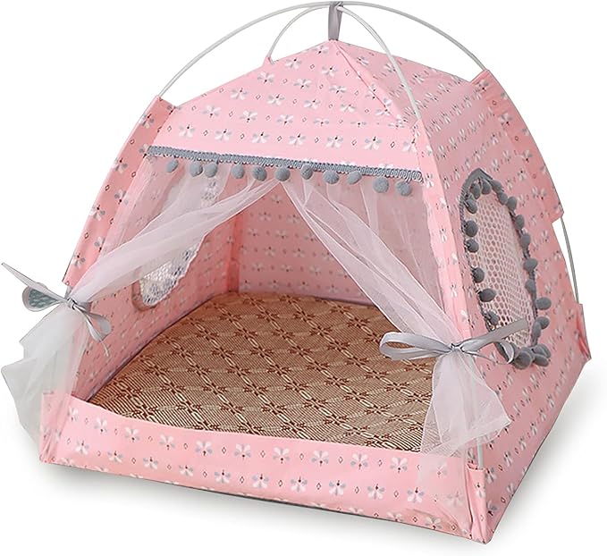 Gigreinc Cat Princess Indoor Tent House Pet Dog Cute Floral Cave Nest Bed Portable Dog Tents (M:38x38x36cm/15x15x14inch, Floral Pink)