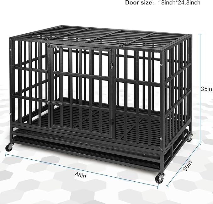 48 Inch Heavy Duty Dog Crate Kennel with Wheels, High Anxiety Indestructible Dog Crates for Large Dogs, XL XXL Extra Large Dog Crate with Removable Dog Cage Tray, Two Locks (Black, Square)