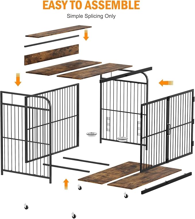32 Inch Dog Crate Furniture, Dog Cages with Adjustable Feeder Height, Ideal for Small Dogs, Equipped with 360-Degree Swivel Casters for Smooth Mobility, Rustic Brown