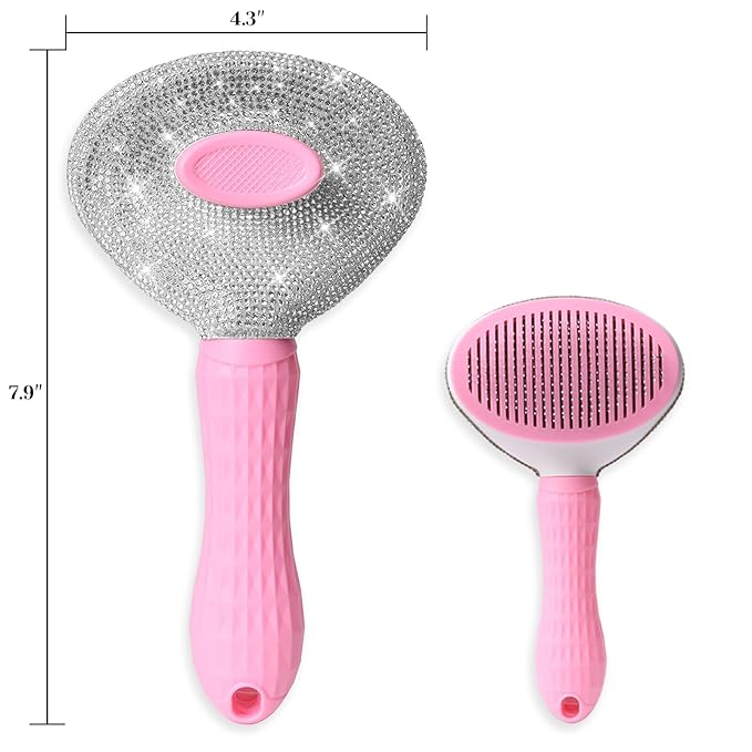 Full Diamonds Self Cleaning Slicker Brush for Dogs & Cats, Skin Friendly Grooming Cat Brush, Dog Brush for Shedding, Deshedding Brush, Rhinstone Hair Brush Puppy Brush for Haired Dogs,Pink