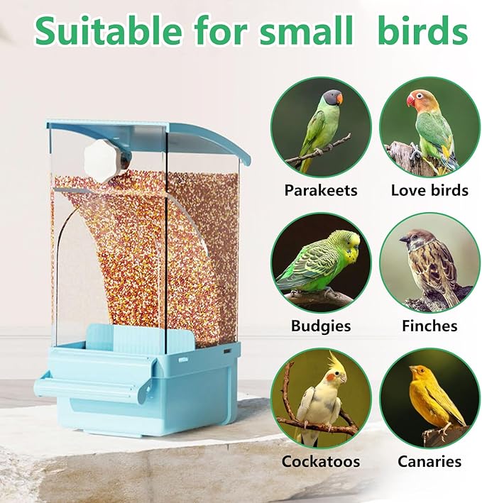 Hamiledyi Automatic Bird Feeder No Mess Bird Cage Feeder Transparent Acrylic Parrot Seed Food Container with Perch Cage Accessories for Parakeet Finch Lovebirds Budgies Canary (Blue)