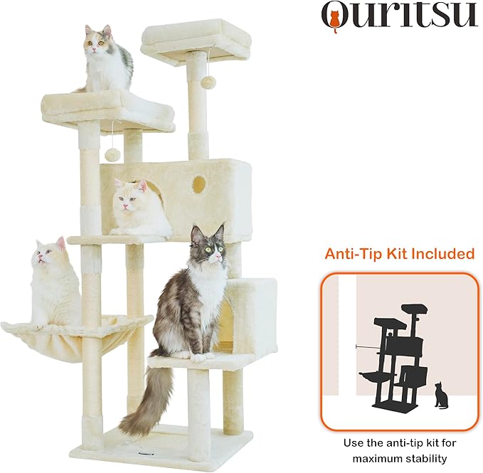 Ouritsu Cat Tree, 57 inch Cat Tower for Large Cat Indoor, 2 Top Perches with 1 Widened, 2 Condos with 1 Enlarged, Steel Frame Hammock, Scratching Posts and Scratching Pad, Beige, LF003WH
