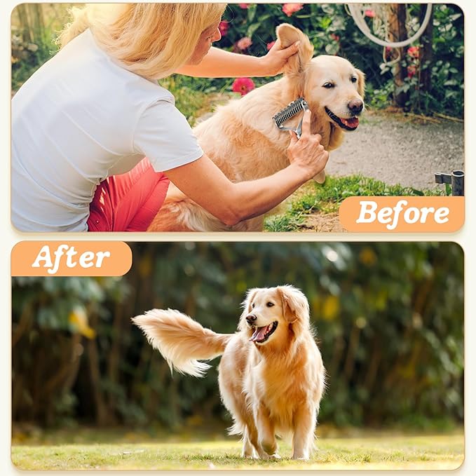 Pet Dematting Comb for Dogs,Cats.Pet Undercoat Rake with Stainless Steel Blades for Knot Removal and Shedding Control.Cat Brush for Shedding Dematting with Wood Handle.