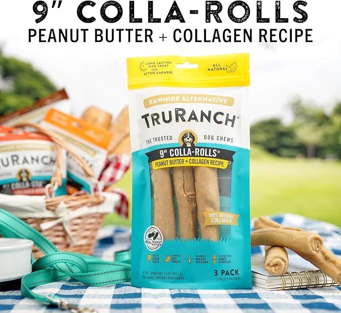 TRURANCH Collagen Rolls - 9" Collagen Rolls for Dogs - Long Lasting Healthy Joint Support - Rawhide Alternative - Skin & Coat Health - Made with Real Peanut Butter, Value Pack, 3 Bags, 9 Count