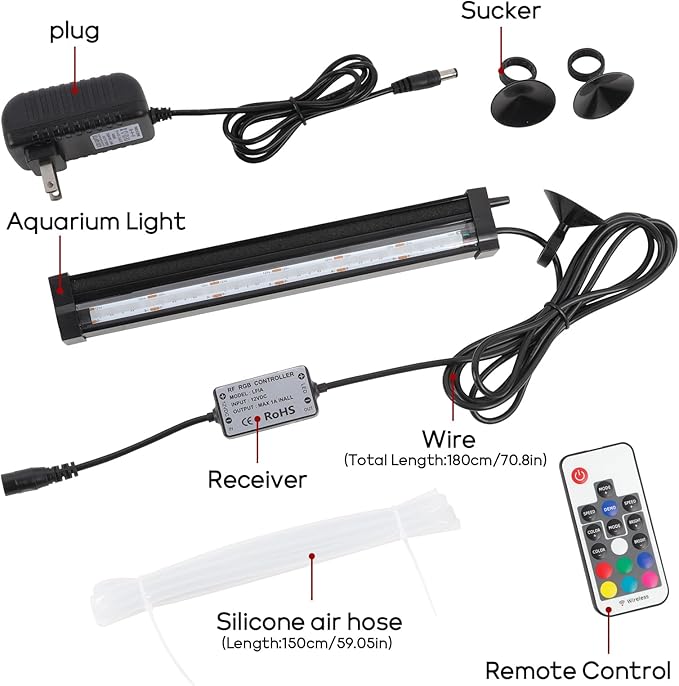 Submersible Bubble Aquarium Light:RGB Aquarium Light with Remote Control Oxygenator for Saltwater Coral Growth - 9 Inch Waterproof Fish Tank Light Designed for Aquarium Breeders