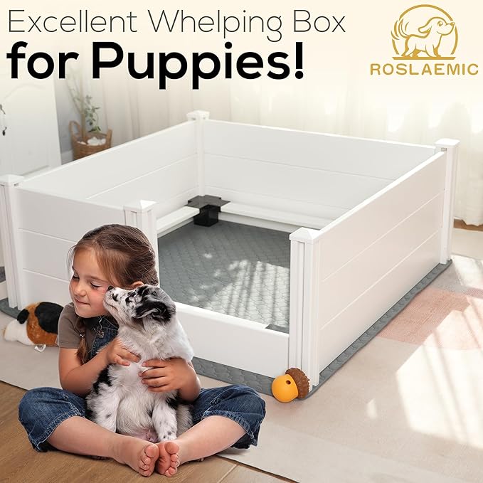 48" x 48" Whelping Box for Large Breed Dogs with Rails, Suitable for Large/Medium Dogs, White