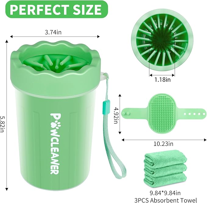 Dog Paw Cleaner for Dogs, (with 3Pcs Absorbent Towels & Adjustable Bath Brush) Dog Paw Washer, Pet Foot Cleaner (Light Green, Medium)