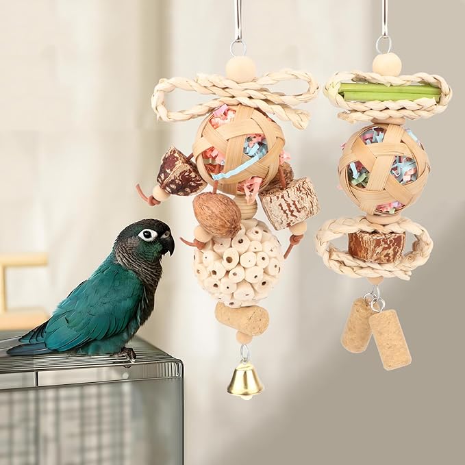 Wontee Bird Toys Colorful Shredding Crinkles Foraging Toys Natural Sola Ball Chew for Cockatiels Conures Parakeets Budgies Senegal (2 Pack)