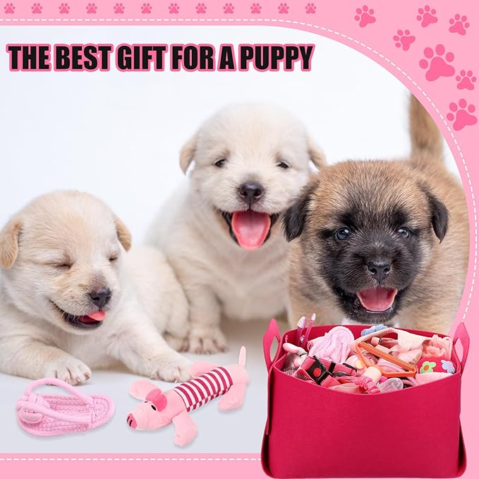 Abbylike 50 Pcs Puppy Supplies Starter Kit for Small Dogs Puppy Essentials Includes Leash, Bowls, Teeth Brushes, Water Bottle, and More Accessories for Dogs Christmas Welcome Gift(Pink)