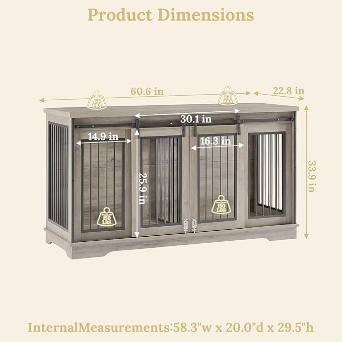 Rovibek 60.6" Double Dog Crate Furniture, Large Dog Kennel Furniture TV Stand for 2 Dogs, Furniture Style Dog Crates End Table, Wood Crates for Dogs Grey
