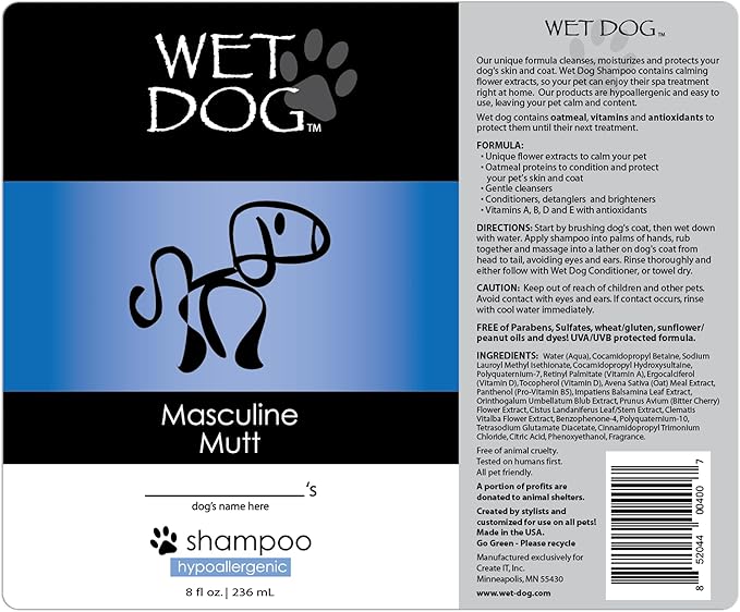 Wet Dog Masculine Mutt All-Natural Organic Oatmeal Sensitive Skin Shampoo for Dogs and Pets, Moisturizing Detangling Deshedding - 20 Ounce