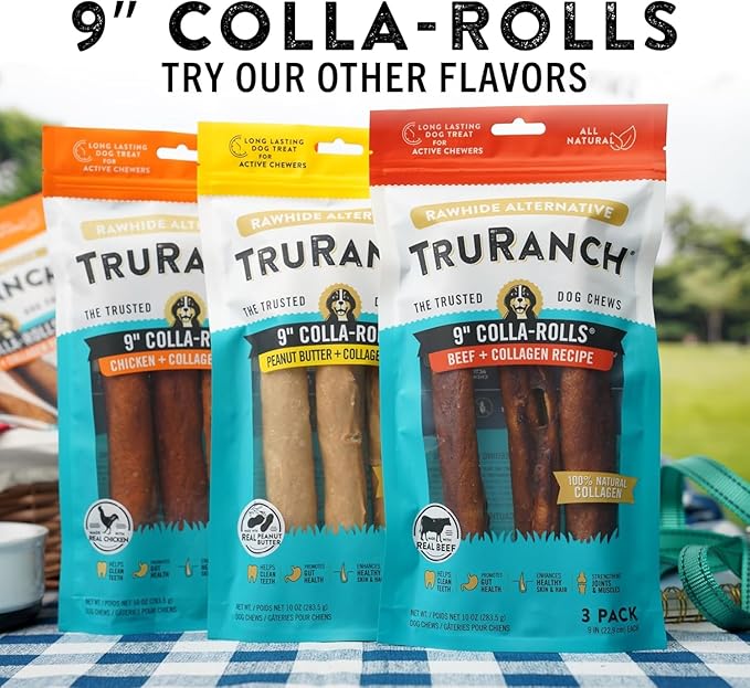TRURANCH Collagen Rolls - 9" Collagen Rolls for Dogs - Long Lasting Healthy Joint Support Dog Treat - Rawhide Alternative - Skin & Coat Health - Made with Real Beef, 1 Bag, 3 Count