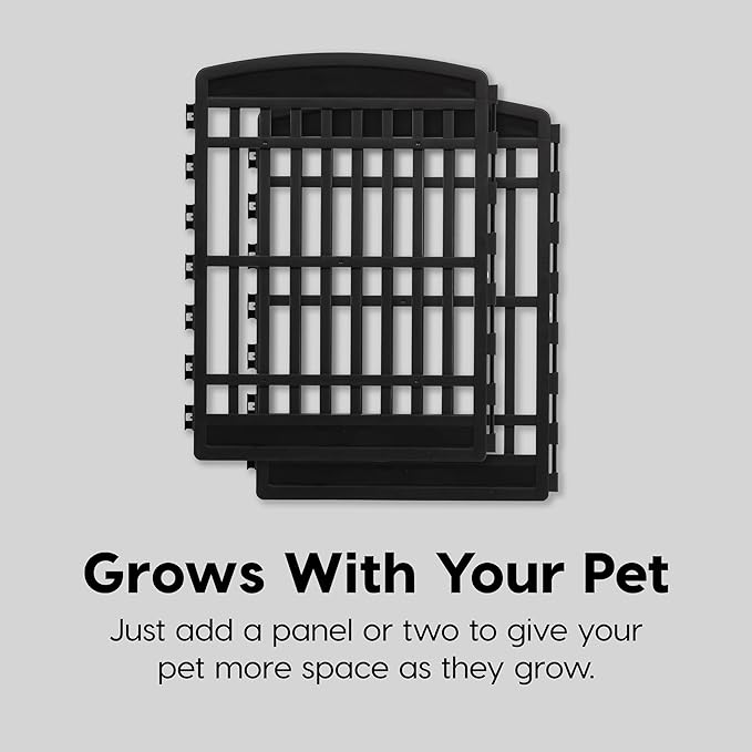 34" 8-Panel Pet Playpen with Door, Medium Large Dog Secure Easy Assemble Easy Storing Customizable + 34''H 2 Add on Panels, Heavy-Duty Molded Plastic Rust-Free Non-Skid Rubber Feet, Black