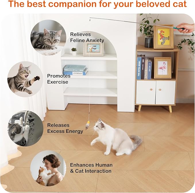 Cat Wand Toy – Retractable Wand with 4 Feather Toy Refills for Indoor Cat Enrichment, Interactive Toy for Bored Adult Cats and High-Energy Kittens (FlutterFlick Series)