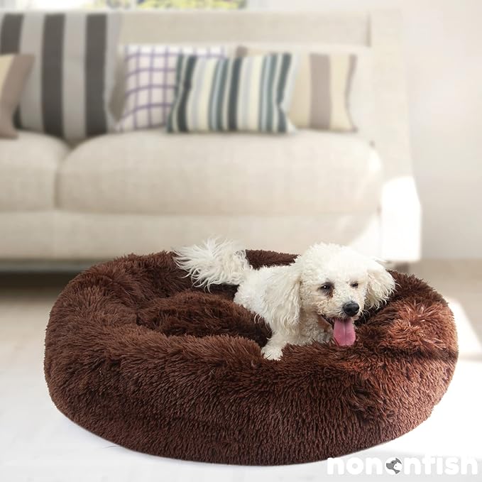 Orthopedic Dog Beds for Medium Dogs 30 inch Round Calming Pet Beds Machine Washable Faux Fur Doggie Beds for Medium Dogs Chocolate Brown