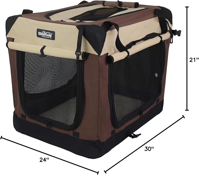 EliteField 4-Door Folding Soft Dog Crate with Curtains, Carrying Bag and Fleece Bed (2 Year Warranty), Indoor & Outdoor Pet Home (30" L x 21" W x 24" H, Brown+Beige)