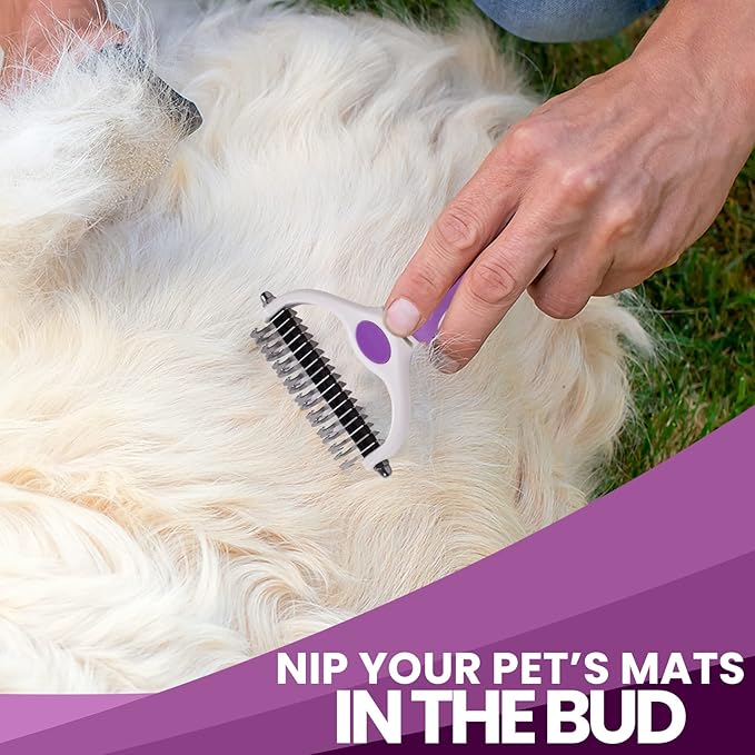 POODLIE Pet Grooming Dematter and Shedding Comb Tool, Twin-Blade Undercoat Rake for Cats and Dogs with Medium and Long Hair, Gentle on Pets with Sensitive Skin, Comfortable to Use Ergonomic Handles