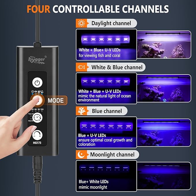 hygger LED Saltwater Aquarium Light, 24/7 Mode Nano Tank Reef Light for Coral, Refugium Light with White, Blue, U-V LEDs Dimmer Timer Moonlight Mounting Bracket 2 Metal Legs 11'' Long 19W