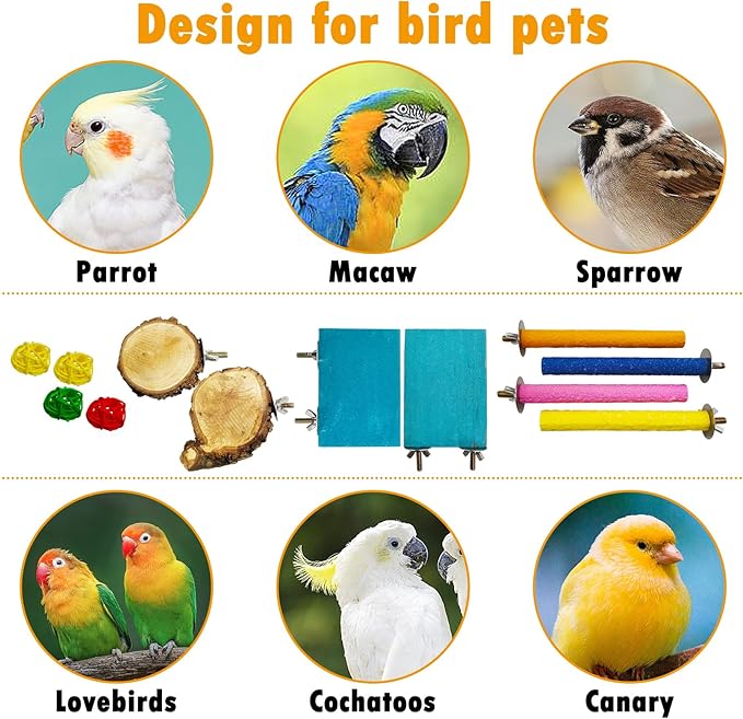 Hamiledyi Bird Perch Stand Wood Parrot Stand Platform Colorful Sand Paw Grinding Stick Rattan Wicker Balls Parakeet Chewing Toys for Cockatiel Conure Budgies Parakeet Lovebird(12Pcs)
