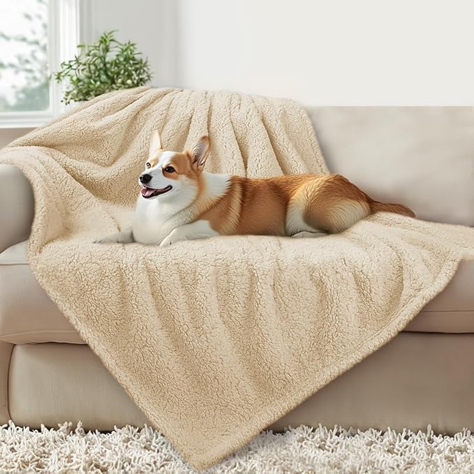 Luciphia Waterproof Pet Blanket for Medium Large Dogs Soft Cat Sherpa Calming Thick Cover Leakproof Cozy Puppy Sofa Bed Car Couch Protector(Beige,63x50 inches)