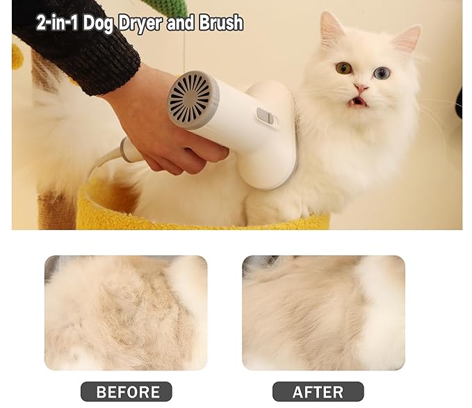 2-in-1 Dog Hair Dryer and Brush - Low Noise Operation, Overheating Protection, 3 Temperature & Airflow Settings, Self-Cleaning Button - Ideal Dog Brush for Short Haired Dogs (White Grey)