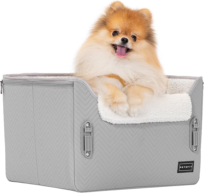 PETSFIT Dog Booster Seat, Portable Dog Car Seats for Small Dogs with Clip-On Leash, Patented Safe Buckles, Dog Booster Car Seat Suitable for Small Pets Up to 25lbs (Light Grey)
