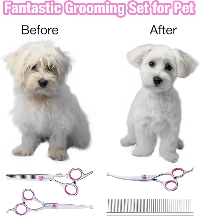 5 in 1 Dog Grooming Scissors with Safety Round Tips, Dog Grooming Scissors Kit, 4CR Stainless Steel Professional Pet Grooming Shears for Dog, Cat,Sharp and Sturdy, Pink