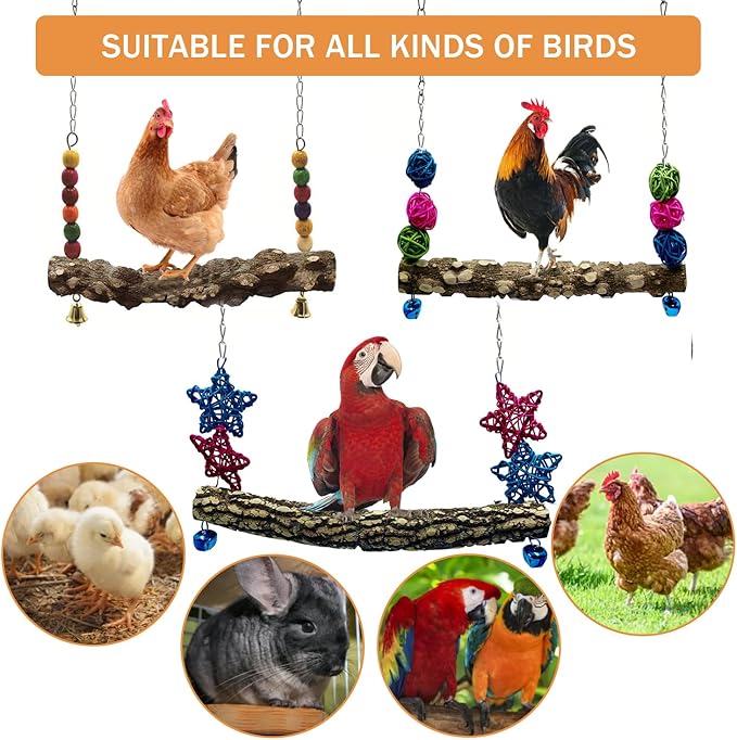 Chicken Bird Swing,Chicken Perch,Natural Wooden Swing Toys,Wood Stand for Chick,Safe and Relief of Stress,Chicken Coop Accessories,Coop Swing for Chicken Bird,Parrot,Hens (3PCS)