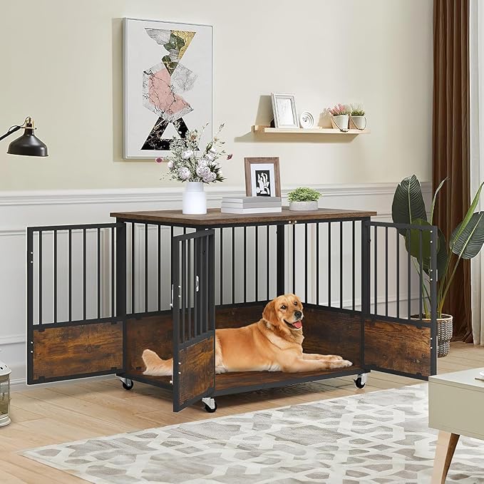 YITAHOME 38" Dog Crate Furniture with Wheels, Heavy Duty Wood Dog Cage Table with Double-Doors Chew-Resistant Wooden Dog Kennel Indoor for Large and Medium Dogs Rustic Brown