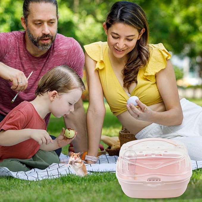 Hamster Carrier Cage with Water Bottle,Portable Hamsters Travel Cage Plastic Guinea Pig Carrying Cases Small Animal Carry Cage for Dwarf Hamsters Chinchillas Hedgehog Mouse(Pink)