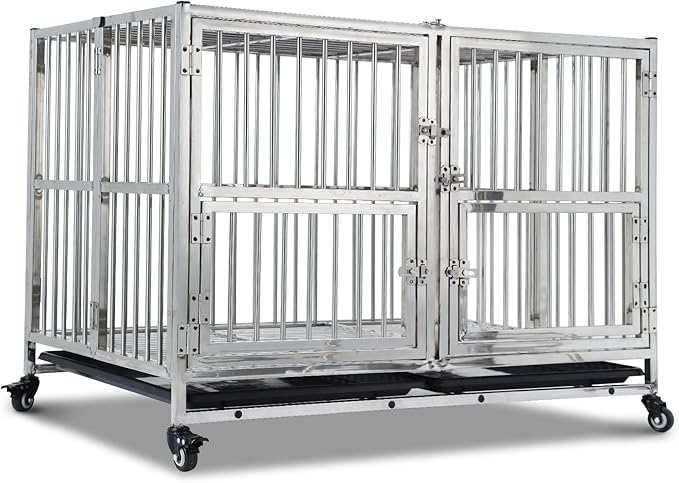 42" Heavy Duty Dog Crate Cage Kennel with Wheels, Full Stainless Steel High Anxiety Indestructible Dog Crate, Sturdy Locks Design, Double Door Small Door Design & Removable Tray Design (Silver)