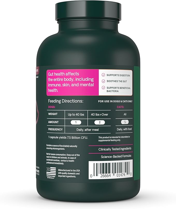 VetriScience Extra Strength Gut Health Probiotic & Prebiotic Digestive Supplements for Dogs & Cats, Gas & Diarrhea & Immune Support, Easy-Open Capsules, 180 Count - New Look