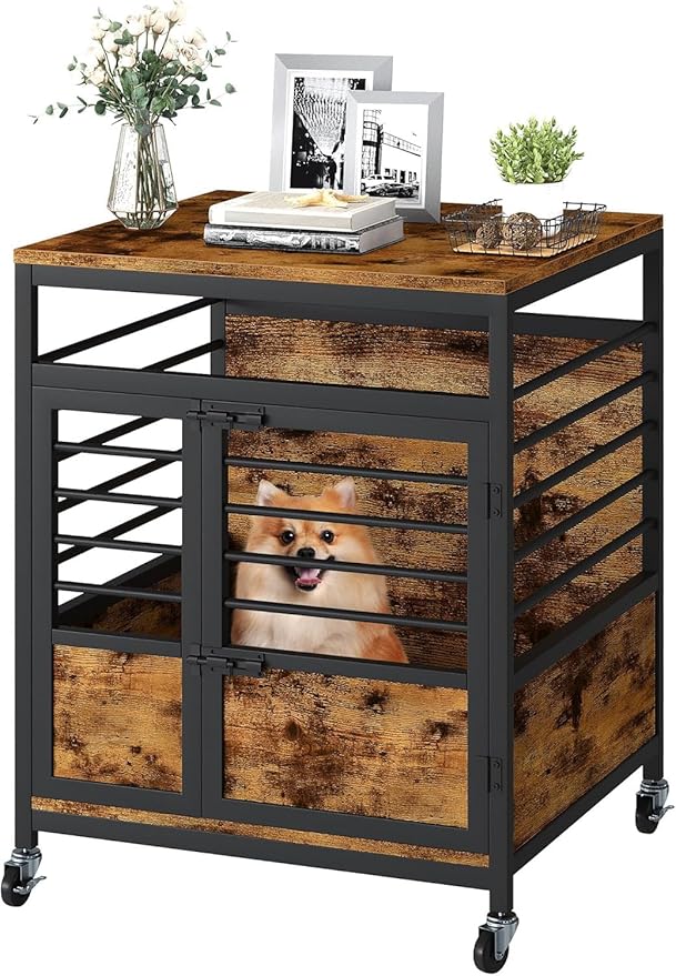 DWVO Dog Crate Furniture, 24 Inch Dog Kennel Indoor Furniture End Table Cage for Dogs, Modern Decorative Crate Wooden Dogs Cage Furniture with Wheels, Chew-Resistant, Rustic Brown