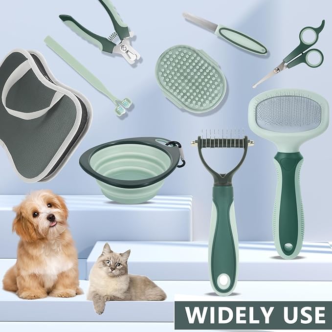 8 in 1 Pet Grooming Kit - Slicker Brush, Flea Comb, Shedding Tools, and Double-Sided Brushes for Dogs and Puppies
