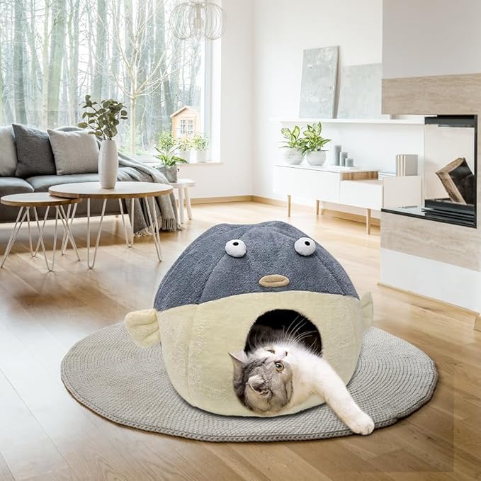 Cat Beds for Indoor Cats - 19.7'' Cute Animal-Shaped Larger Cat Cave Bed,Super Soft Calming cat Tent for Kitten&Puppy,Small Dog,Warm Plush&Machine Washable,Grey Multiple Sizes