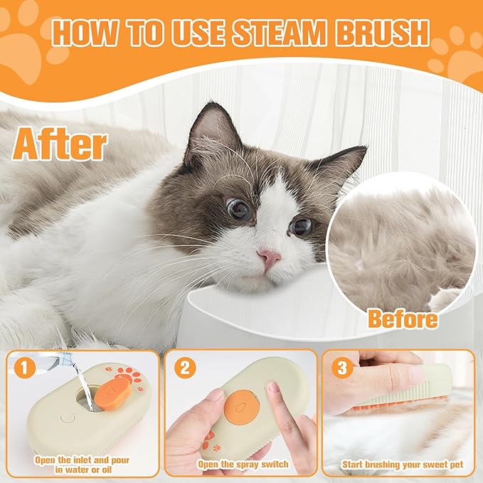 Cat Steam Brush,3 in 1 Dog Steam Brush,Steam Cat Brush,Silicone Massage Grooming Pet Steam Brush for Cats Dogs,Rechargeable Cat Steam Brush for Shedding,Spritz Defur Comb for Cats