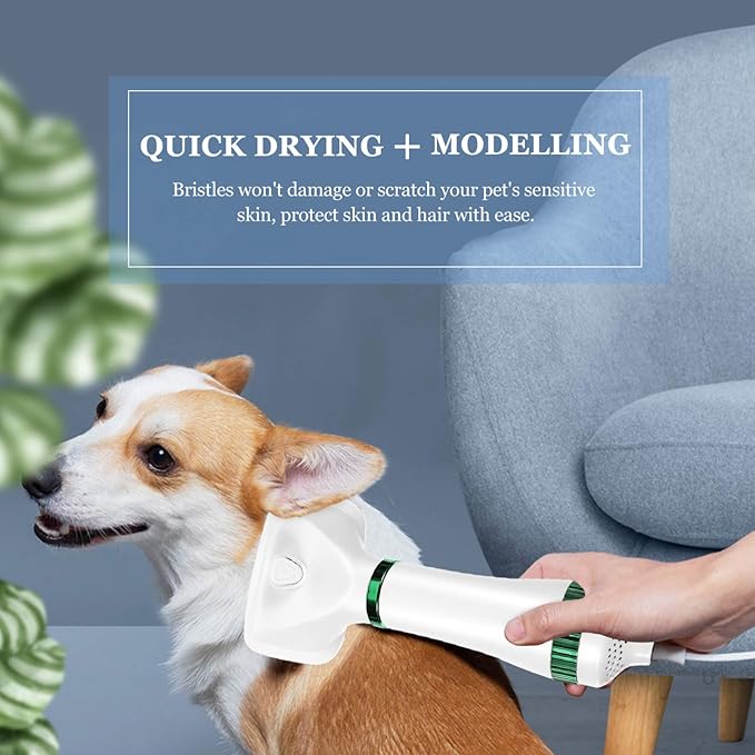 2 in 1 Dog Hair Dryer Comb Pet Hair Dryer with Slicker, Professional Home Grooming Dryer Brush Furry Drying Blower for Small Large Cat Dog White, 3 Temperature Settings