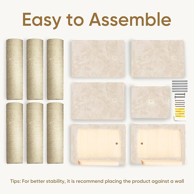 PAWSCRAT Wall-Mounted Cat Tree, 5 Tier Floor to Ceiling Cats Tower, 80 Inch Wall-Mounted Cat Scratching Post, Space Saving Cat Furniture and Easliy Climb for All Cats, Beige