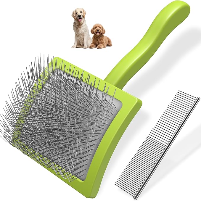 2PCS Slicker Brush for Dogs & Pet Comb,Professional Dog Grooming Brush (Goldendoodles,Poodles,Labradoodles) with Extra Long Pins to Effectively Remove Tangles, Knots and Mats (Green Large)