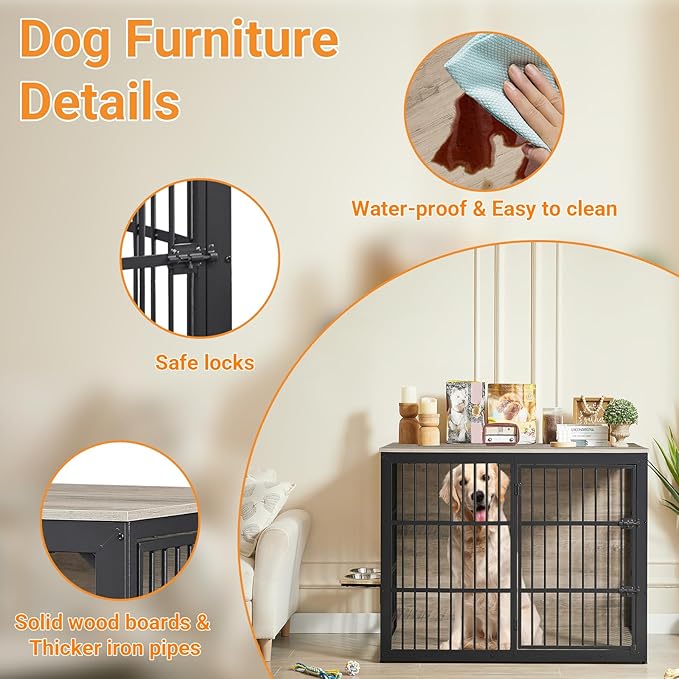 Dog Crate Furniture, 48 Inch Dog Kennel Furniture, Wooden _og Crate Furniture Large Breed with Rotating _og Bowls, Heavy Duty _og Cage Furniture Indoor,Decorative Dogs Crates End Table,Gray
