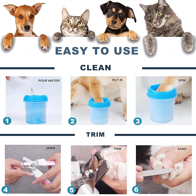 Dog Nail Trimmers Kit for Indoor Cats and Dogs, Pet Paw Cleaner with Bath Brush, Pet Nail Clipper with Sharp Blade and Precise Cutting Size, Pet Nail File to Refine the Nails After Cutting