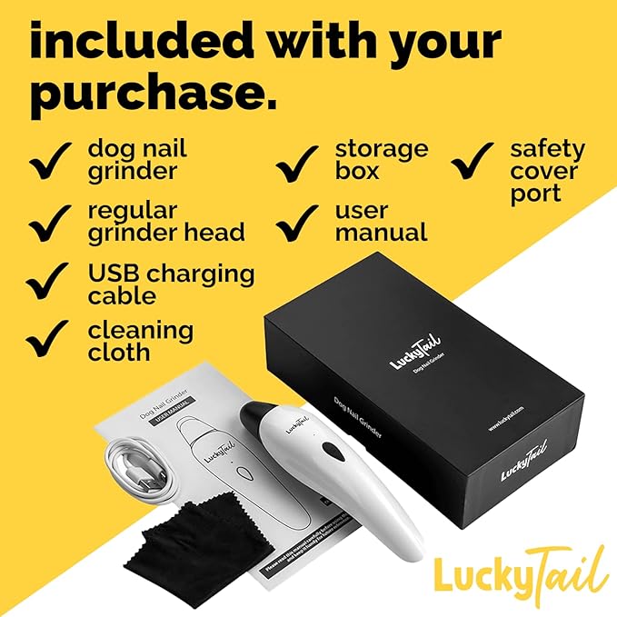 LuckyTail Pet Nail Grinder for Dogs and Cats - Super Quiet and Low Vibration Electric Dog Nail Grinder with 2 LED Lights - USB Rechargeable and Cordless - 2 Speeds - Small to Large Pets