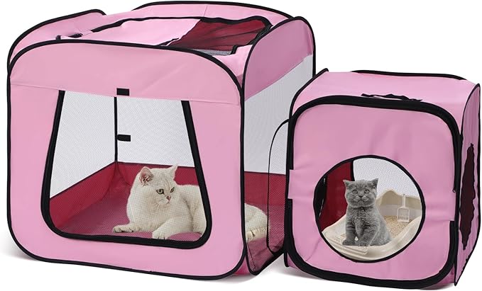 Royizen Puppy Cat Tent Playpen Foldable Waterproof Dog Crate Kennel Indoor Outdoor Portable Playpen Kitten and Small Pets Pop Up Kennel Cat Travel Carrier with Litter Box Enclosure, Pink