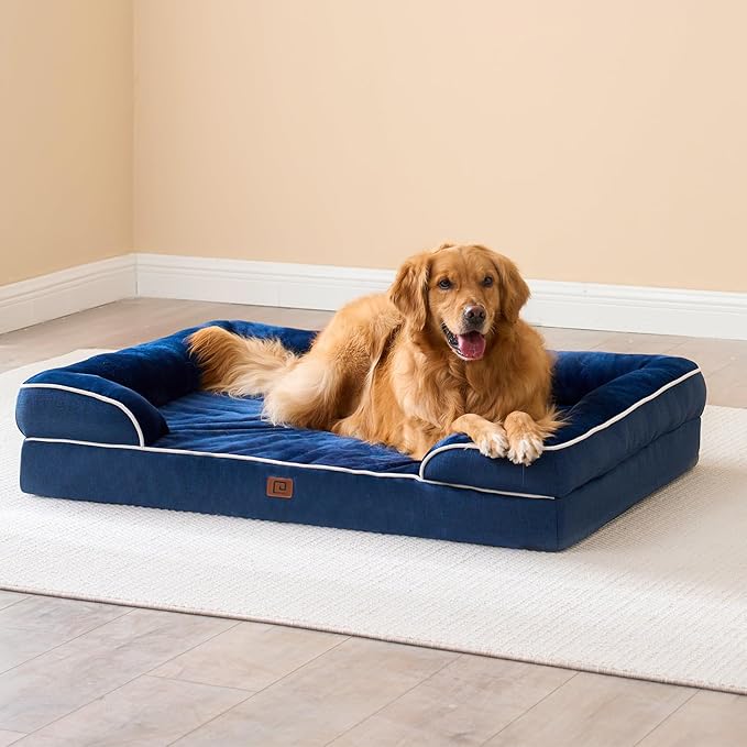 EHEYCIGA Orthopedic Dog Beds for Large Dogs, Waterproof Memory Foam Large Dog Bed with Sides, Non-Slip Bottom and Egg-Crate Foam Large Dog Couch Bed with Washable Removable Cover, Navy