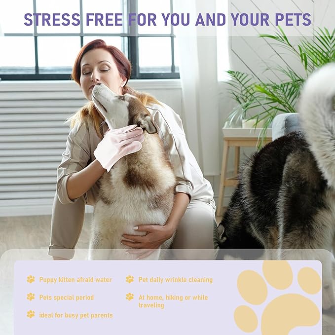 Pet Cleaning Glove Bathing Wipes for Dogs and Cats, Deodorizing No-Rinse Grooming Wipes for Paws, Body, and Butt, Perfect for Pet Dry Cleaning, Daily Care and Travel, Hypoallergenic, Unscented, 8 Pcs