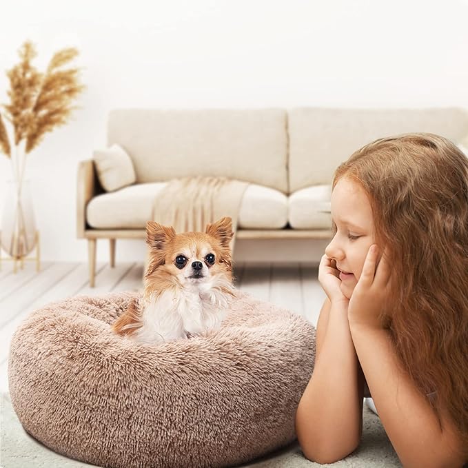 nononfish Small Puppy Beds for Small Dogs Washable - 19 Inches Round Faux Fur Pet Bed for Puppy and Cat Donut Fluffy Plush Orthopedic Doggy Beds Relief Improved Sleeping,Camel