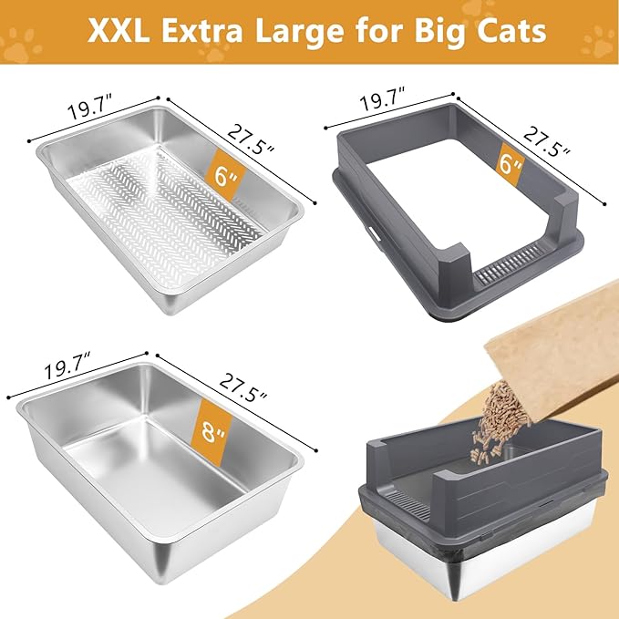 ELEGX Enclosed Pine Litter Sifting Cat Litter Box, XXXL Extra Large 28" L×20" W for Big Cats,Metal Litter Box with Screen Mesh,High Sided Enclosure,25 Pack Litter Bags & Scoop,Easy Cleaning