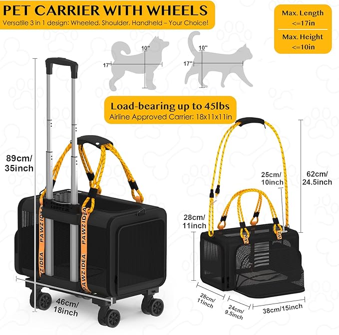 PAWZIDEA Cat Carrier with Wheels 18X11X11 TSA Airline Approved Cat Carrier for 2 Cats Under Seat Rolling Cat Carrier Travel Bag with Telescopic Handle, Shoulder Strap as Dog Leash, Black